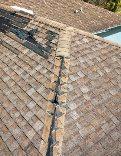 A roof with a damaged shingle.
