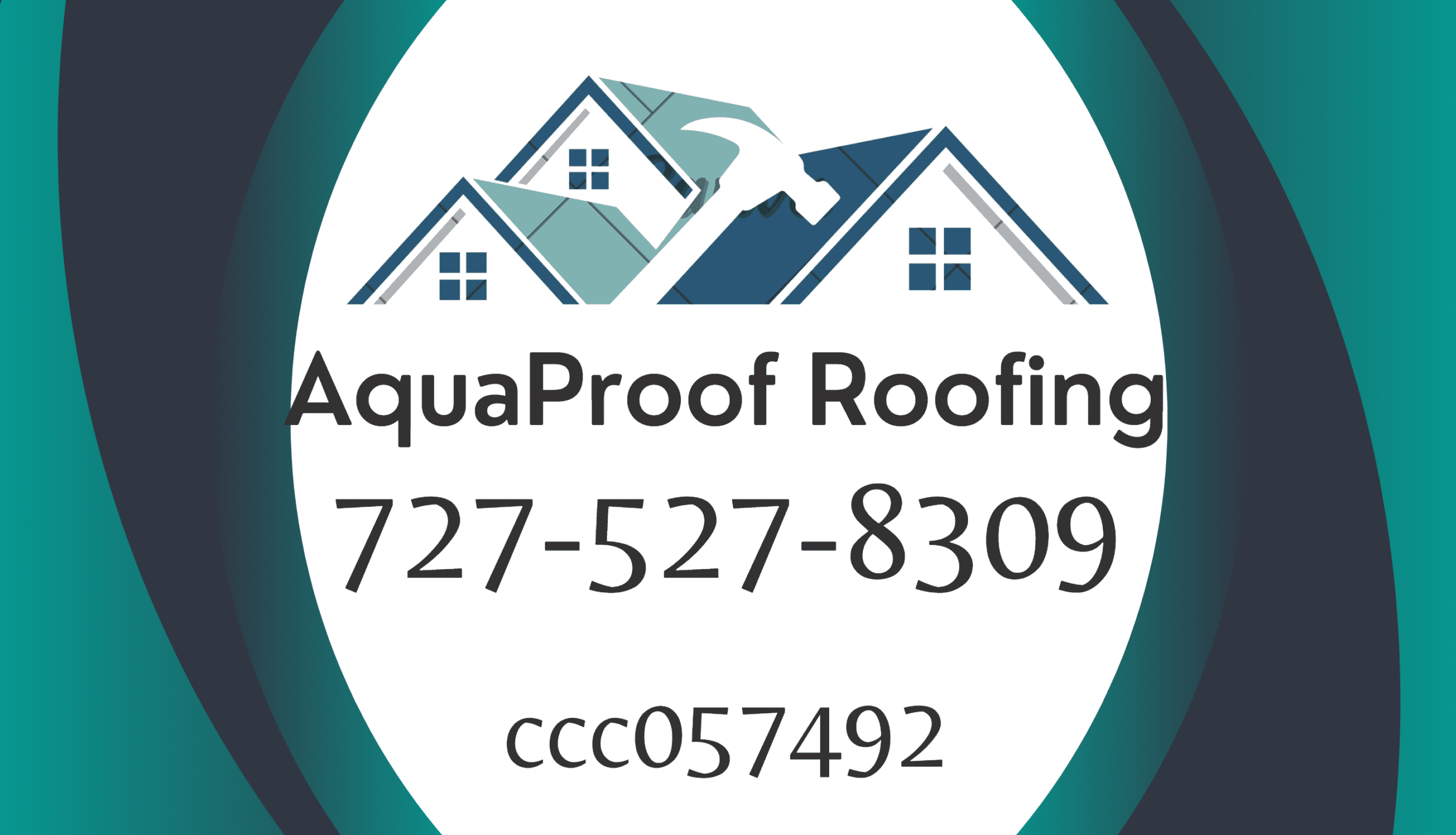 Newlogo AquaProof Roofing logo with house and hammer graphic. Contact number: 727-527-8309. License: ccc057492.